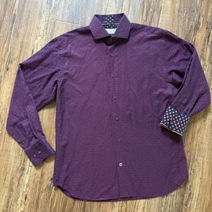 Luchiano Visconti Button Down Shirt Mens Medium Burgundy Jacquard Cotton Luxury